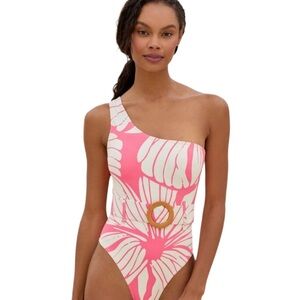 Hutch One-Shoulder Pink & White Tropical Leaf Swimsuit Size L